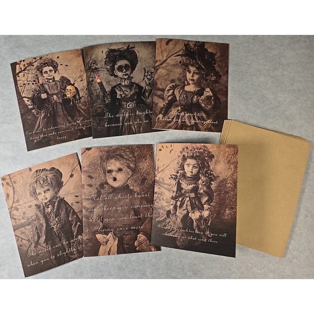 OOAK Creepy Doll Ephemera Greeting Cards Set of 6 & Envelopes Humor Encouraging